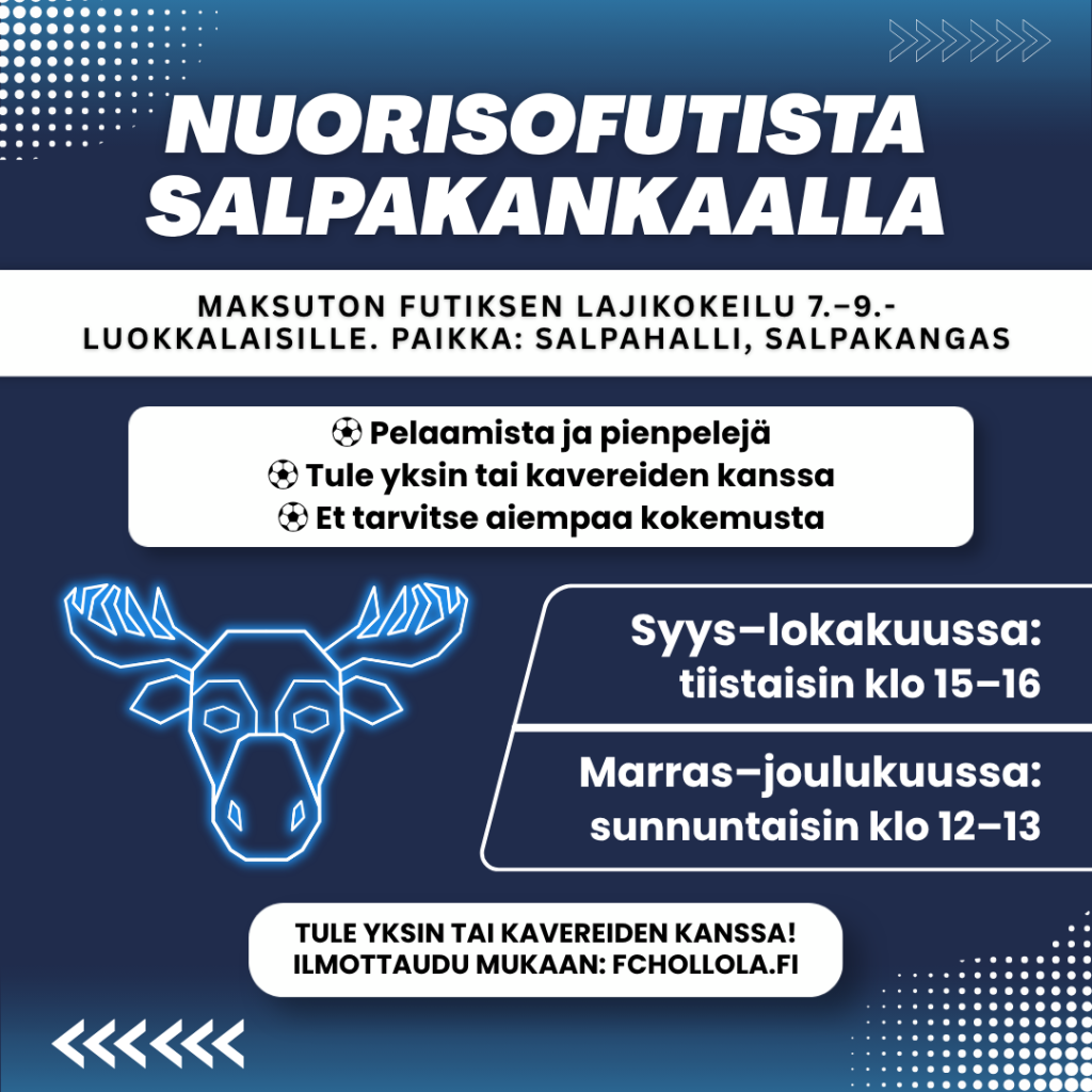FC Hollolan nuorisofutis Salpakankaalla - futsalin lajikokeilua yläkoululaisille neliöbanneri